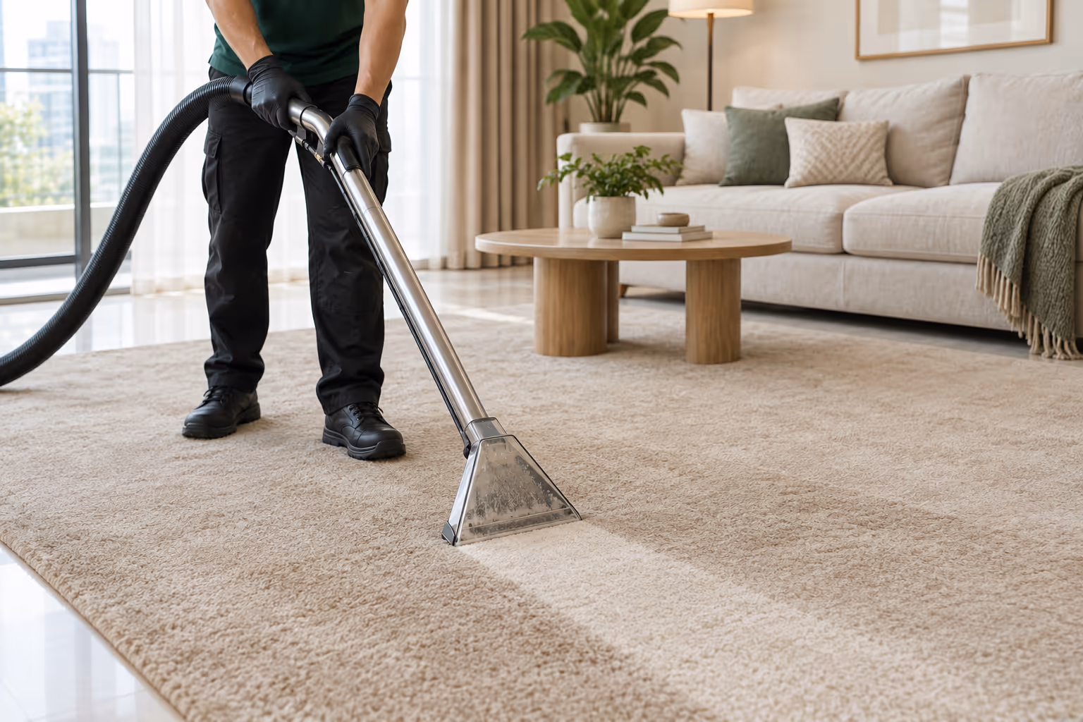 A technician drawing a carpet extraction wand across a beige rug, leaving a cleaner track through the pile.