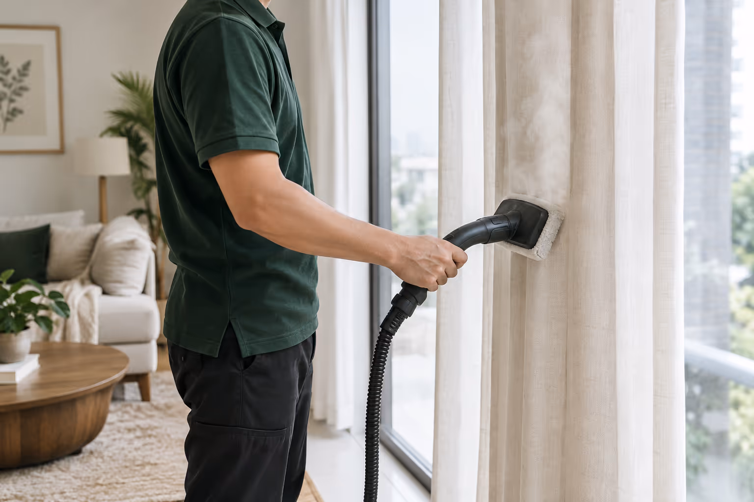 A technician holding a handheld steam cleaner against floor-length cream linen curtains at a window.
