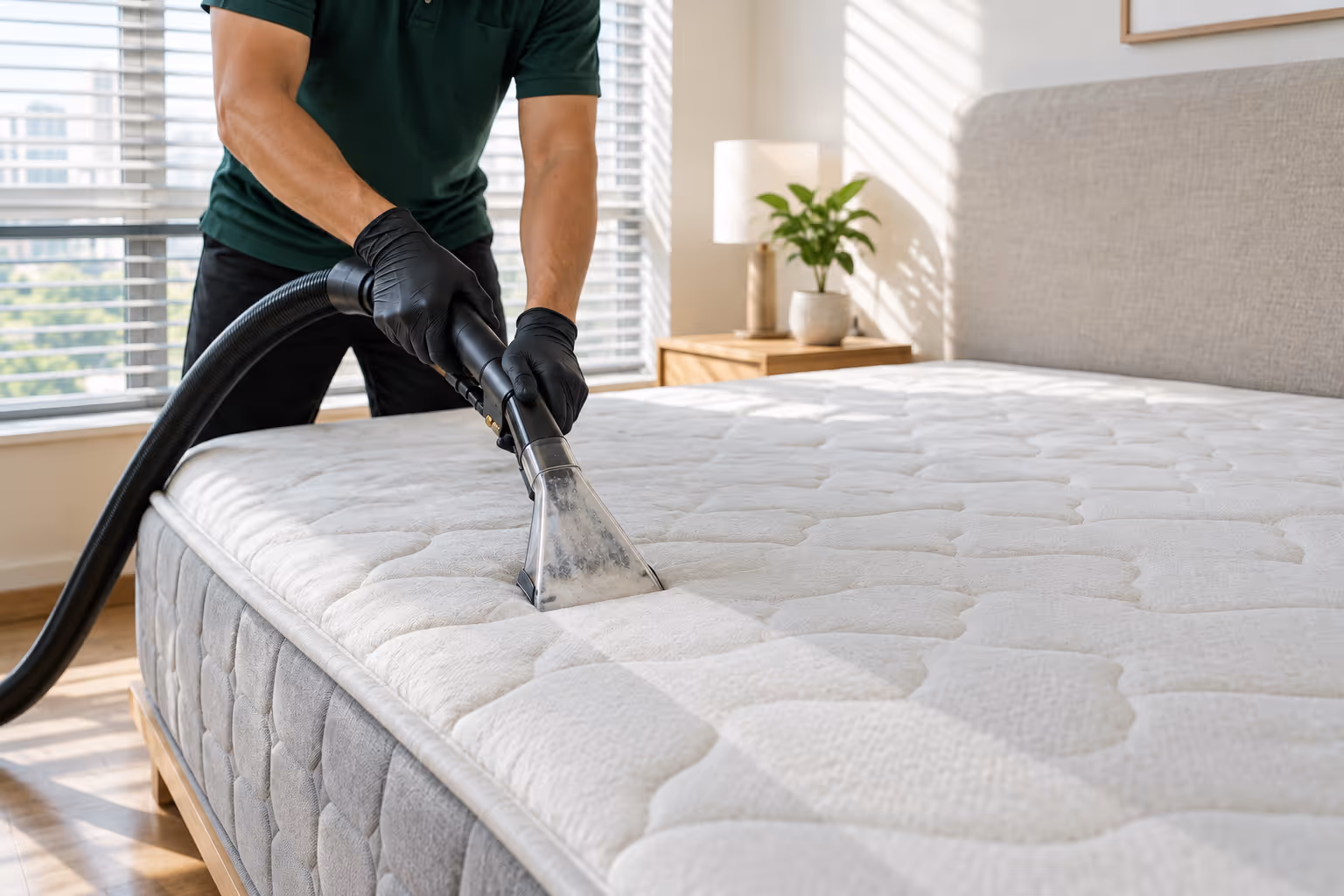 A technician running an extraction tool across a bare mattress with the bedding stripped off.
