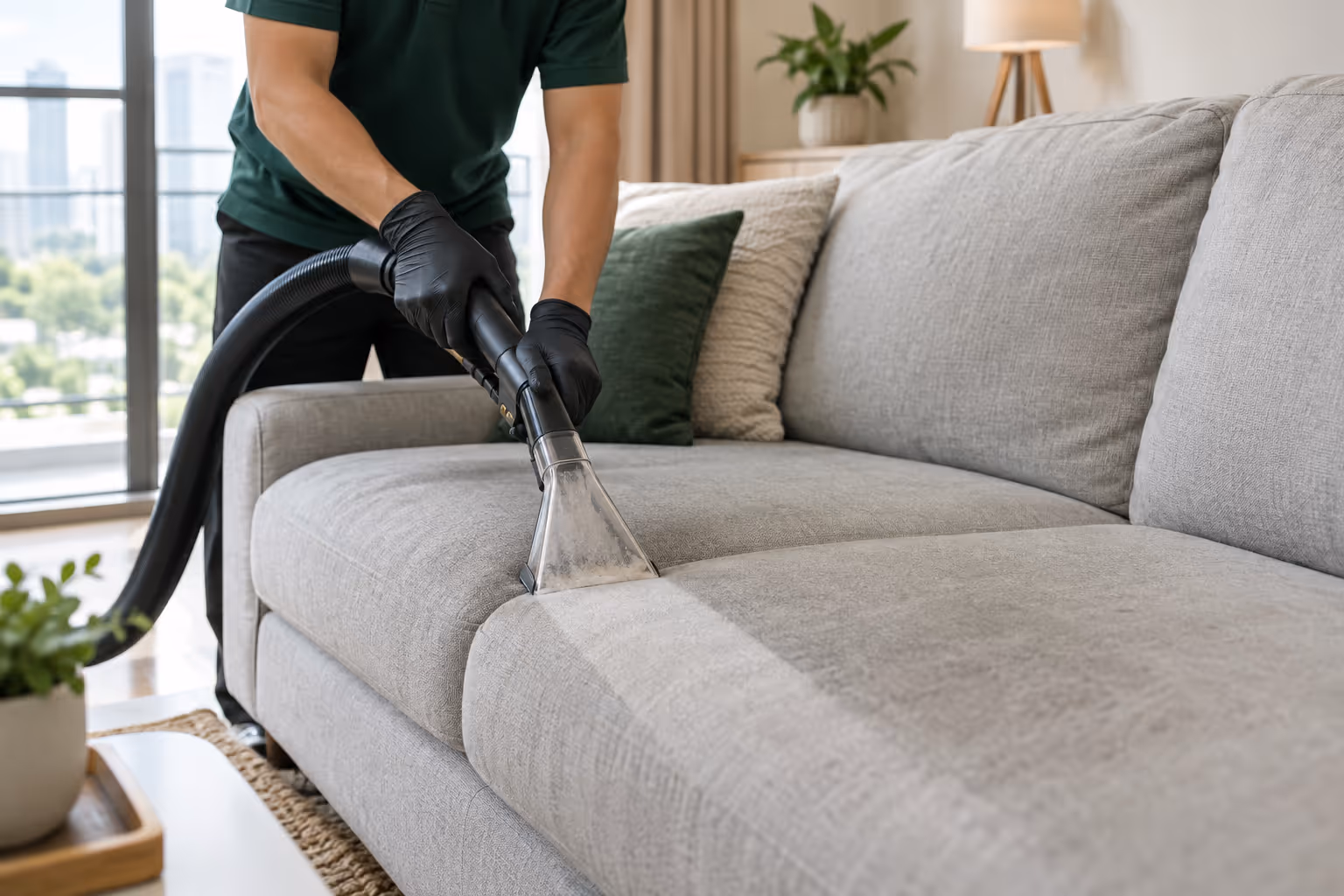 A technician drawing an upholstery extraction tool across a grey fabric sofa, leaving a visibly cleaner stripe in the cushion.